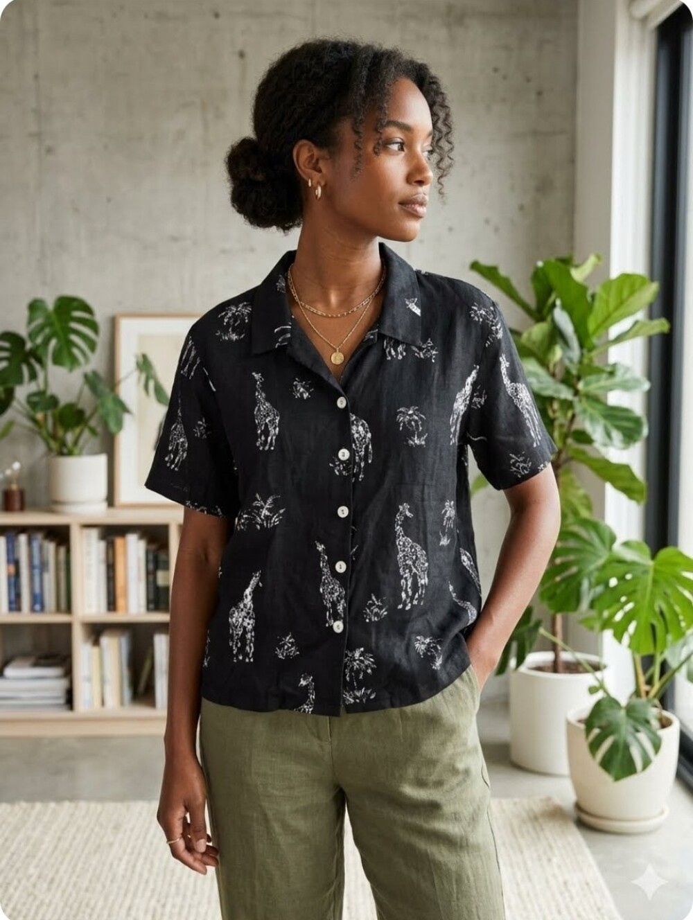 Vtg Paradiso XL Black Beaded Giraffe & Palm Tree Rayon Button Up Shirt ShrtSlv